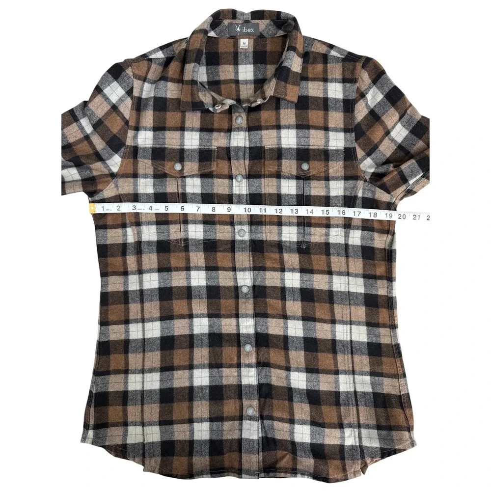 Ibex Taos Brown Plaid Flannel Snap Button Up Shirt Pockets Wool Outdoor Womens M